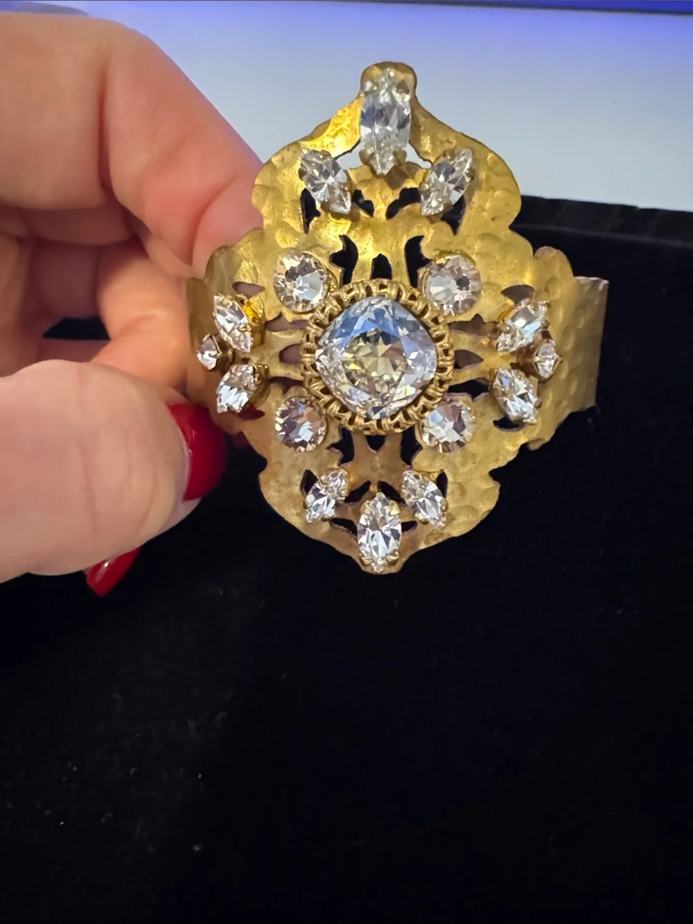 Adjustable Gold-Tone Crystal Filigree Statement Cuff Bracelet